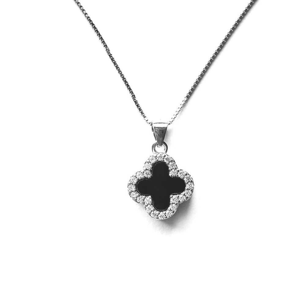 Elegant Black and Silver Clover Pendant Necklace